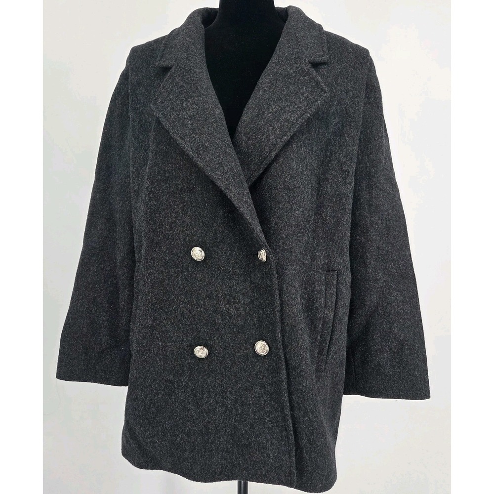 Vtg International Scene Pea Coat 13/14 Gray Wool Double Breasted Silver Buttons